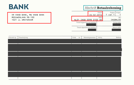 Voorbeeld van een bankafschrift met weggelakte informatie