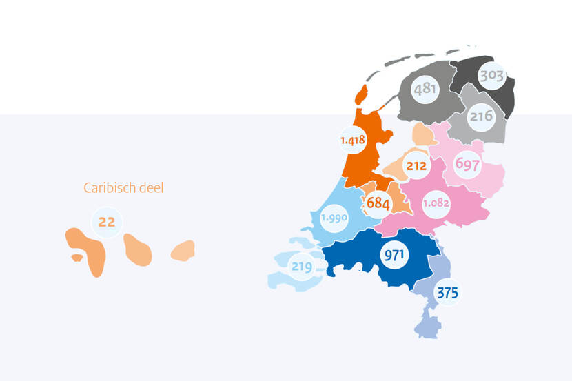 Op een kaart van Nederland en het Caribische deel van Nederland staat het totaal aantal aanvragen in tijdvak 1 tot en met 5